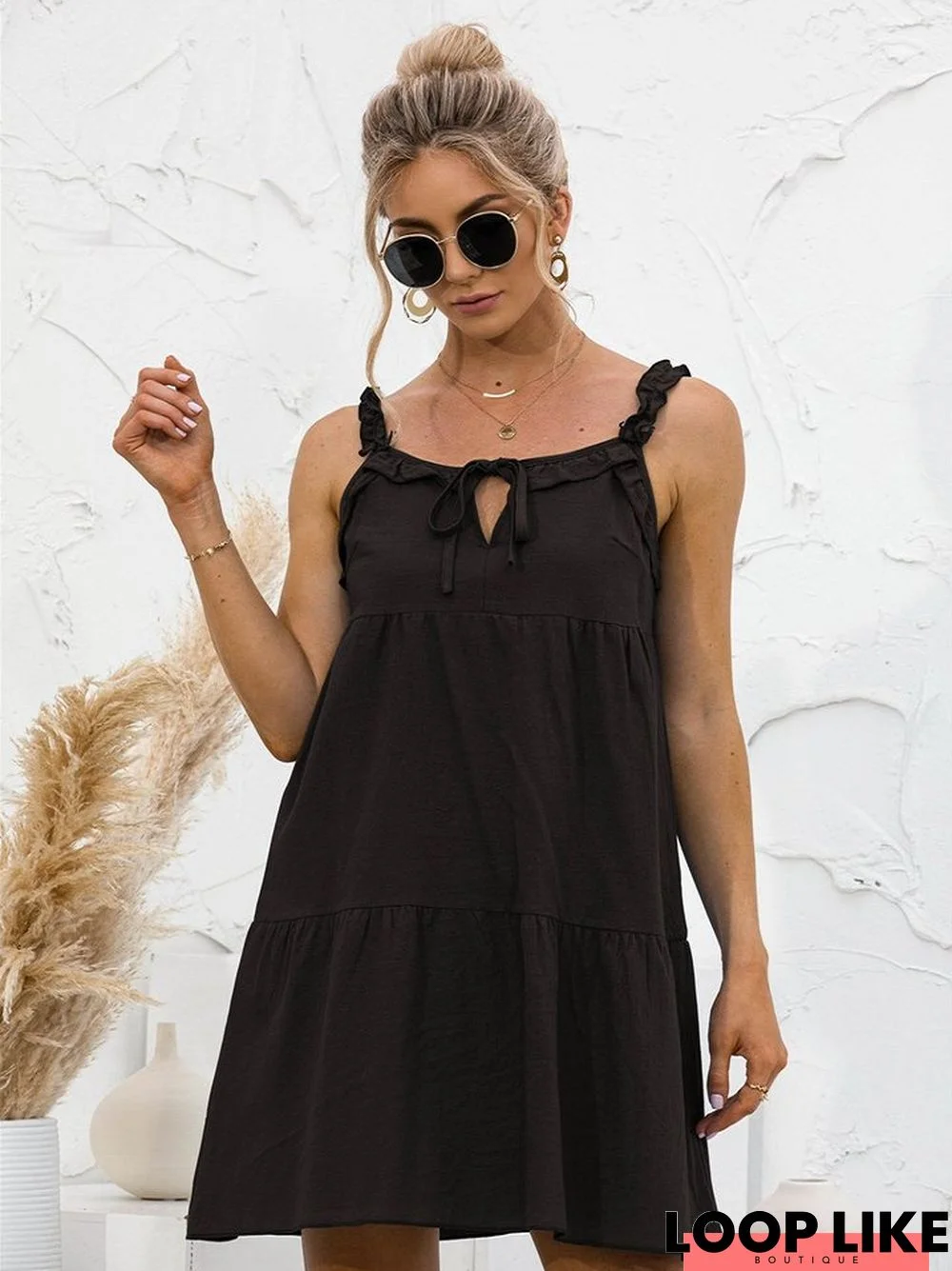 Suspended Ruffled Solid Color Dress Black Dresses