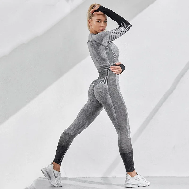 Seamless Outdoor Two Piece Set Women Long Sleeve Crop Top Sport Leggings Tracksuit Fitness Gym Suits For Women
