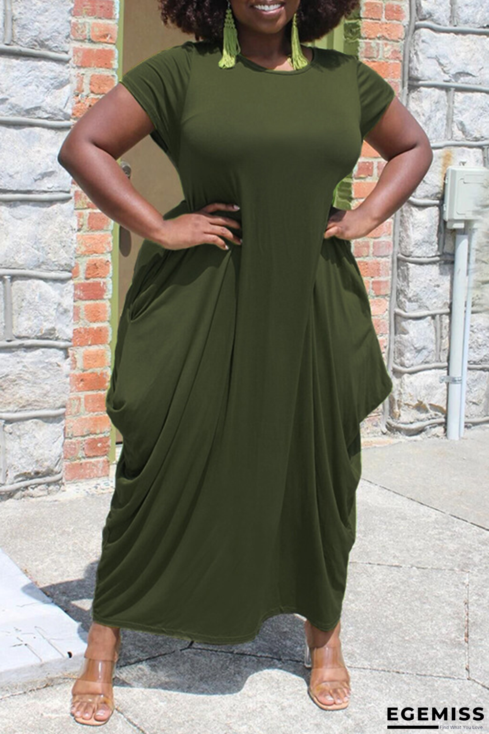 Army Green Casual Solid Patchwork O Neck Straight Dresses | EGEMISS