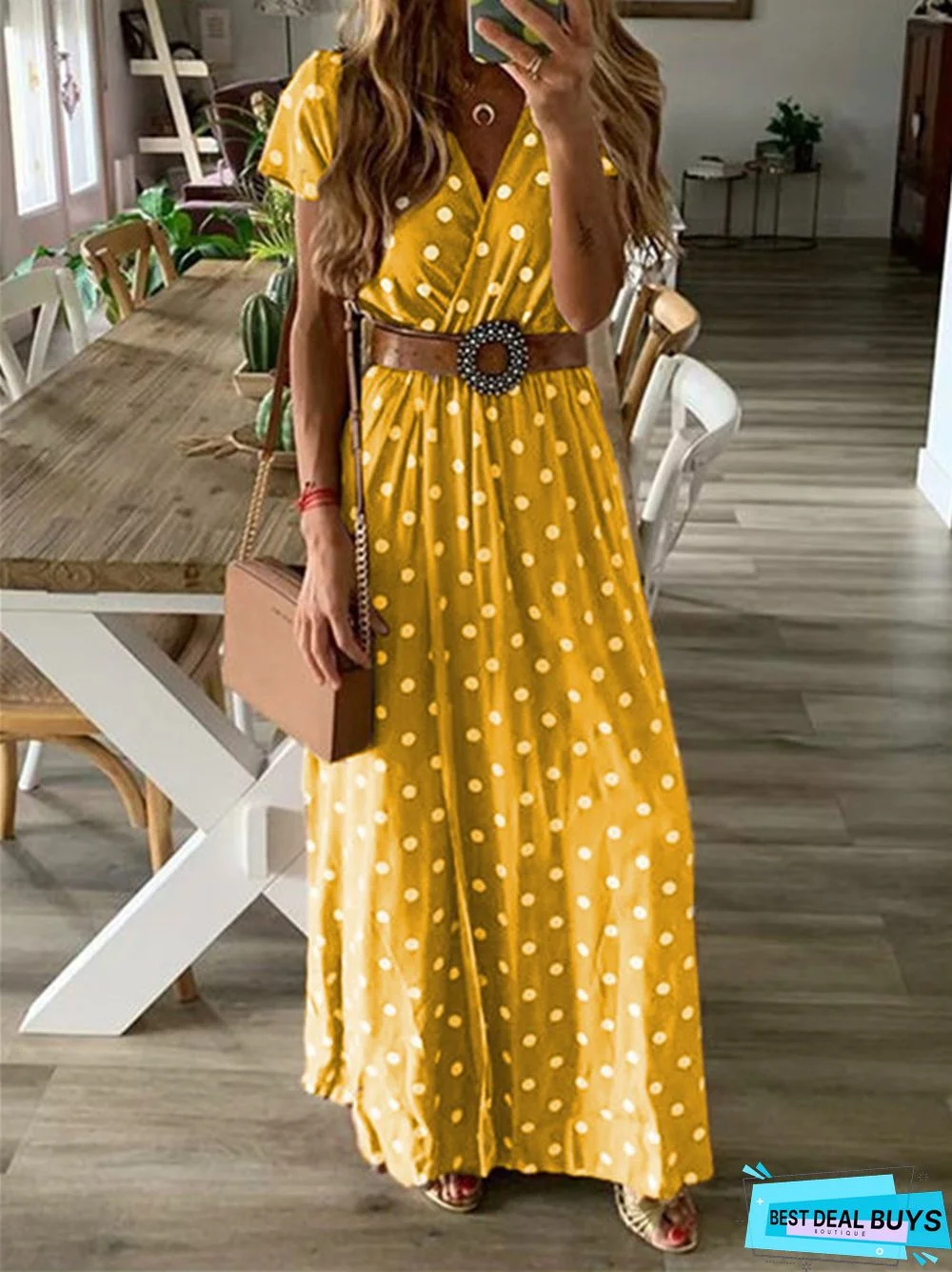 Summer V-Neck Short Sleeve Polka Dot Long Skirt Big Swing Dress