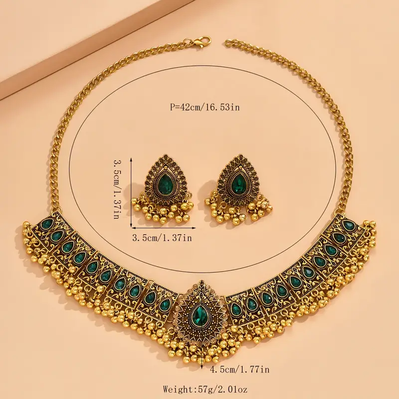 bollywood style 1 pair of earrings 1 necklace vintage jewelry set retro design inlaid gemstone match daily outfits party accessories details 2