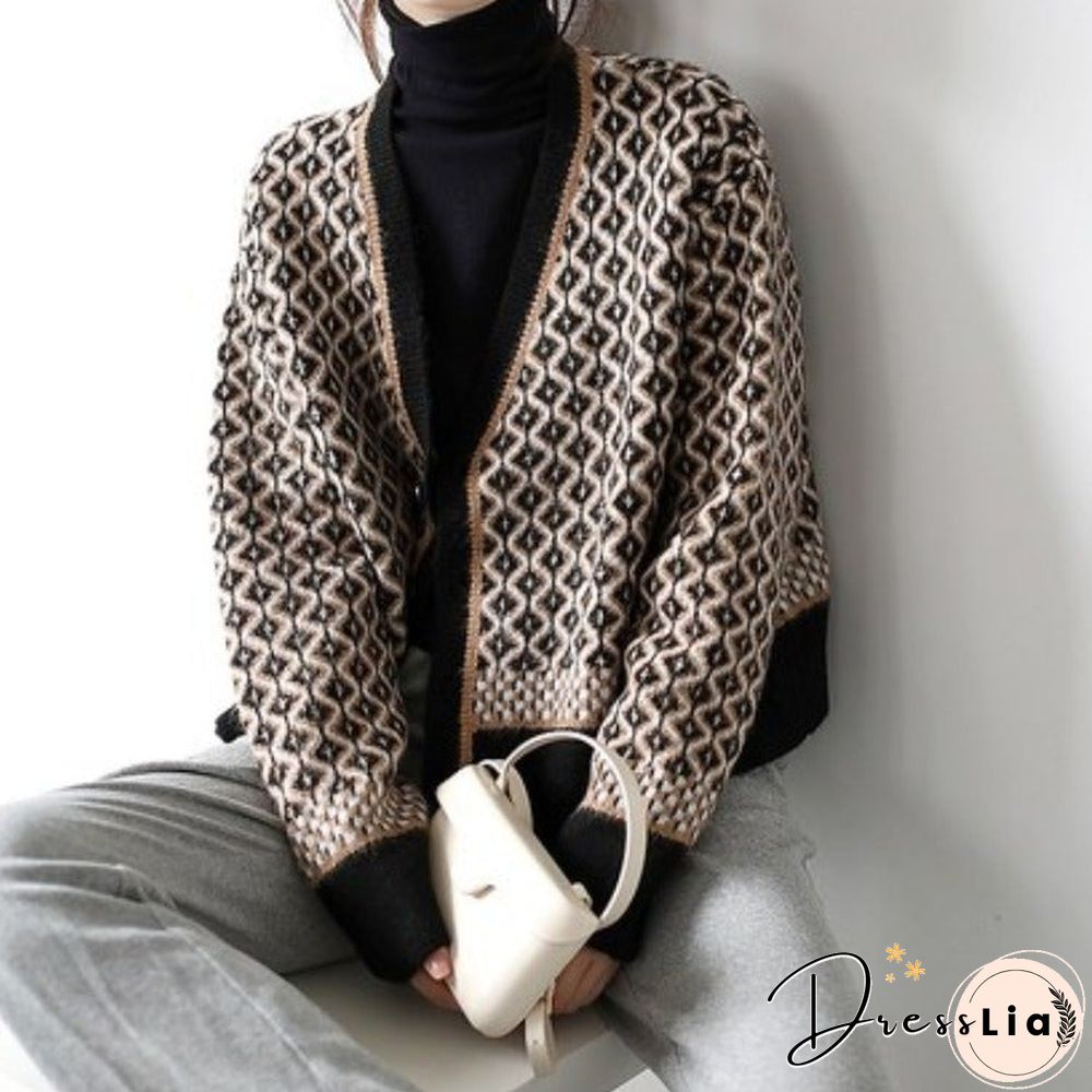 Temperament Contrast Knitted Cardigan Female V-neck Rhombic Thick Loose Coat Sweater