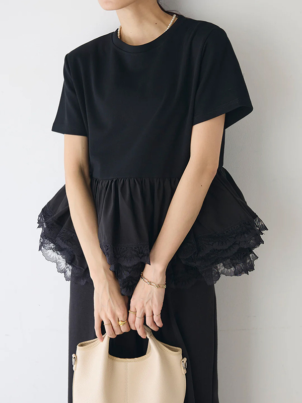 Mesh Lace Tiered Short Sleeve Solid Color T-shirt