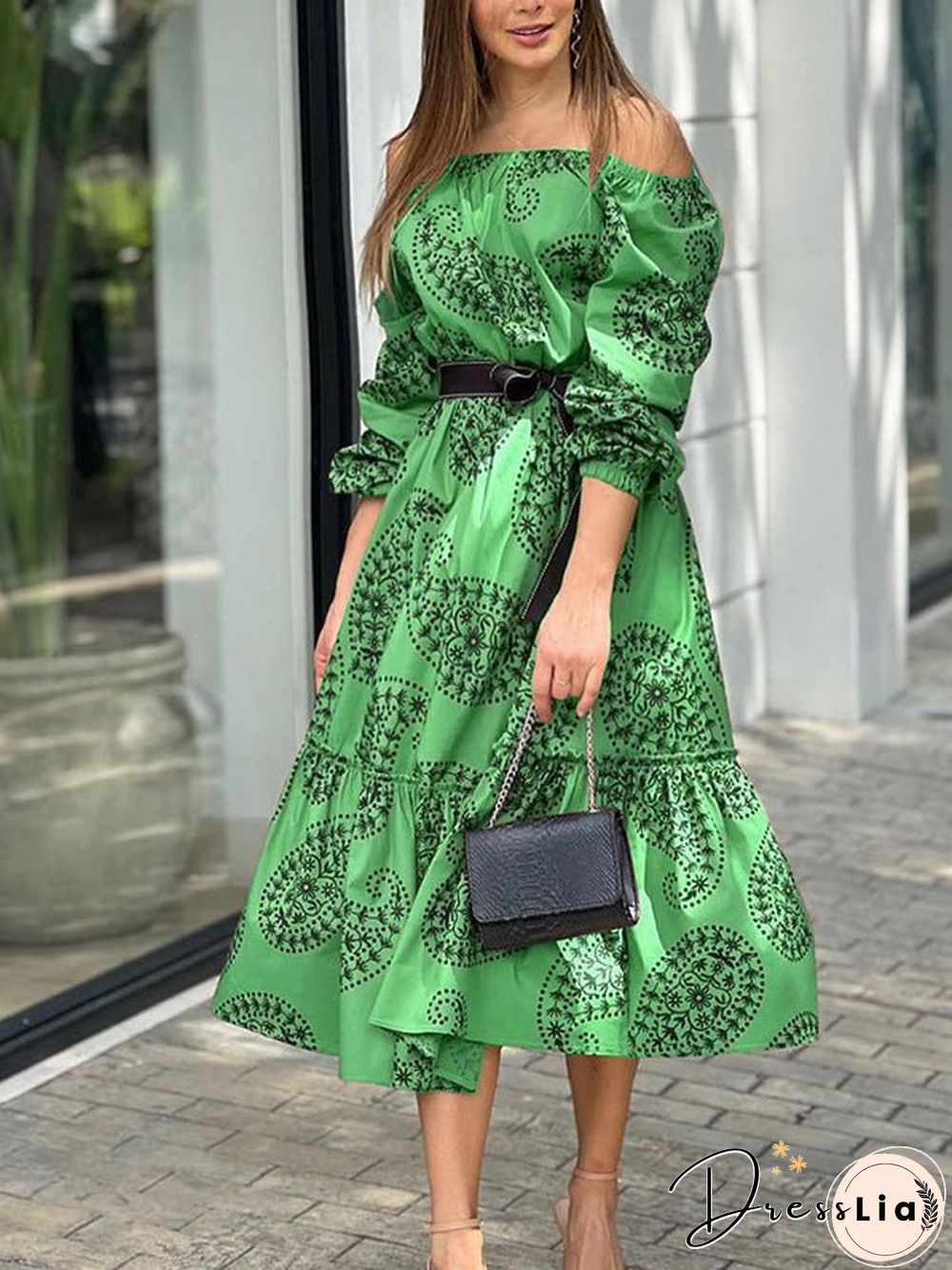 Women'S Dresses One-Shoulder Belted Long Sleeve Print Dress