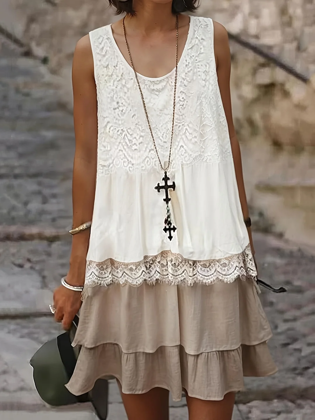 Women's Bohemian Layered A-Line Dress With Sleeveless Crew Neck & White Lace Overlay - Two-Tone Brown & White Polyester Dress For Summer Beach Parties, Casual Outings - Machine Washable Casual Chic Style, Outfit For Outings | Flowy Skirt Style | IFYHOME