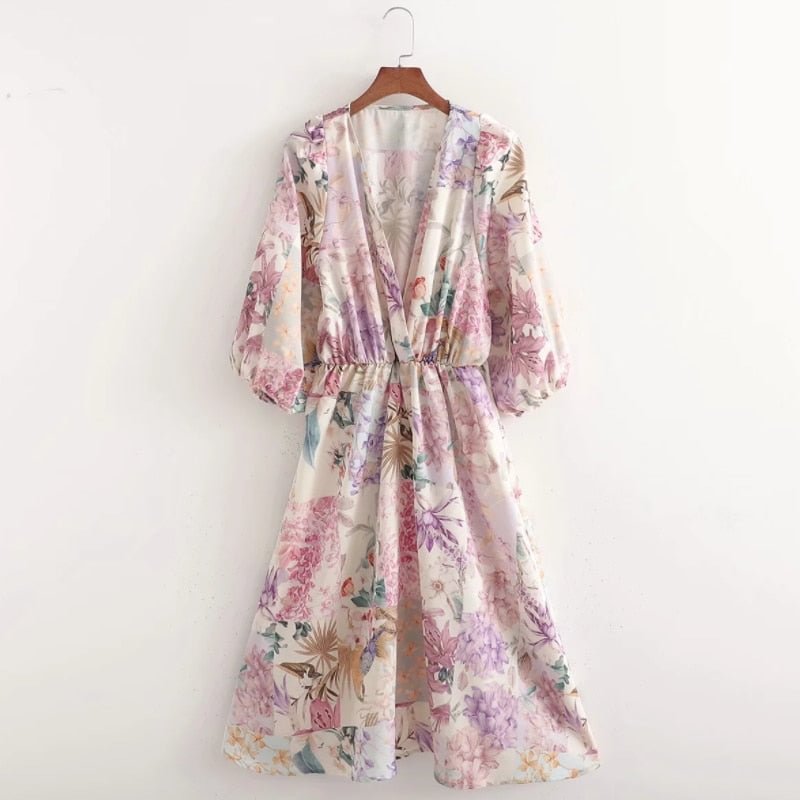 Summer Women Floral Patchwork Print V Neck Midi Dress Female Lantern Sleeve Clothes Casual Lady Loose Vestido D7755