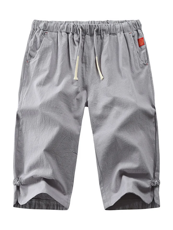 Summer New Men's Casual Solid Color Plus Size Seven-minute Pants Cotton Linen Tie Leg Buckle Casual Men's Pants-Cosfine
