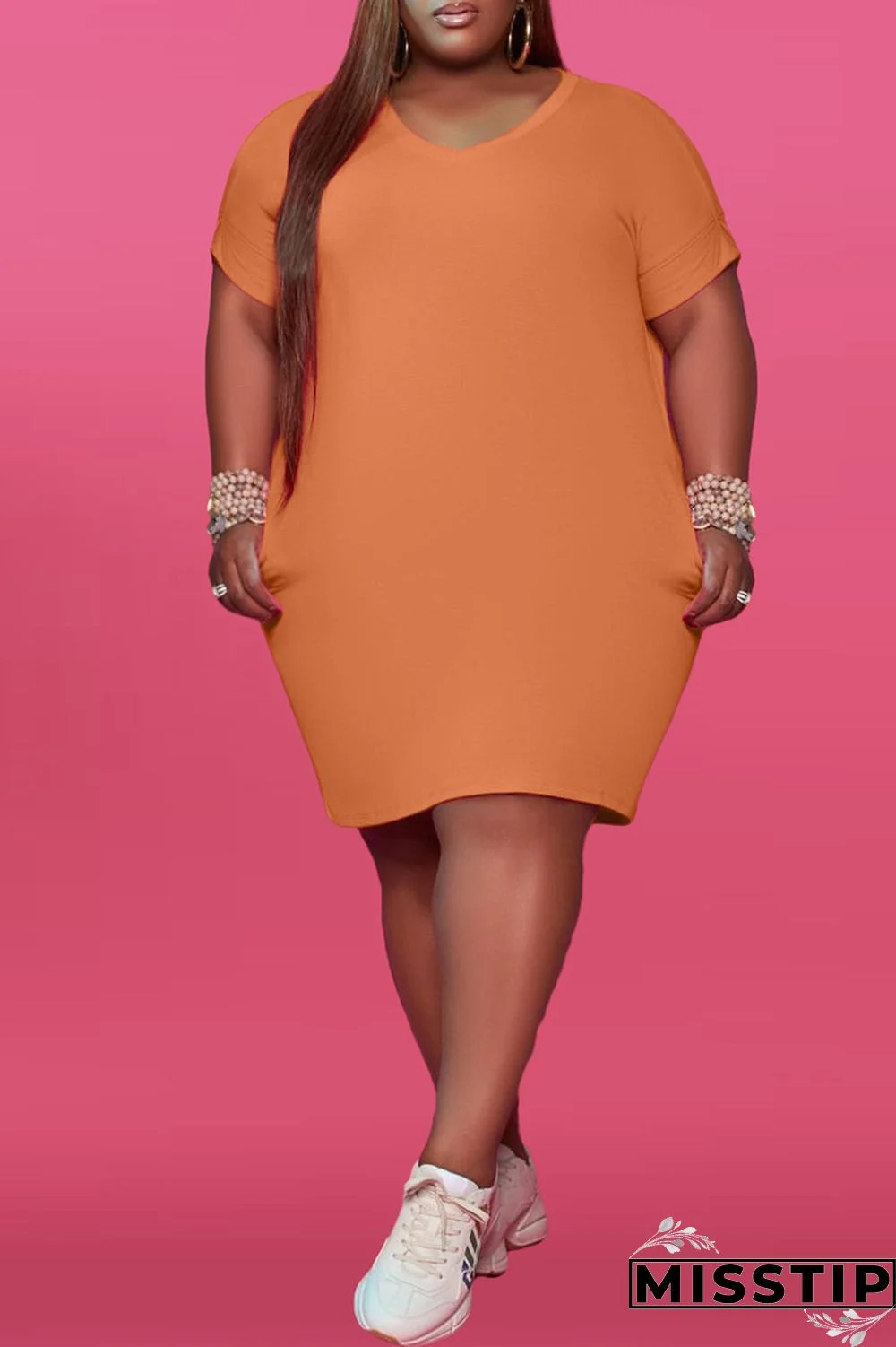 Red Fashion Casual Plus Size Solid Basic V Neck Short Sleeve Dress