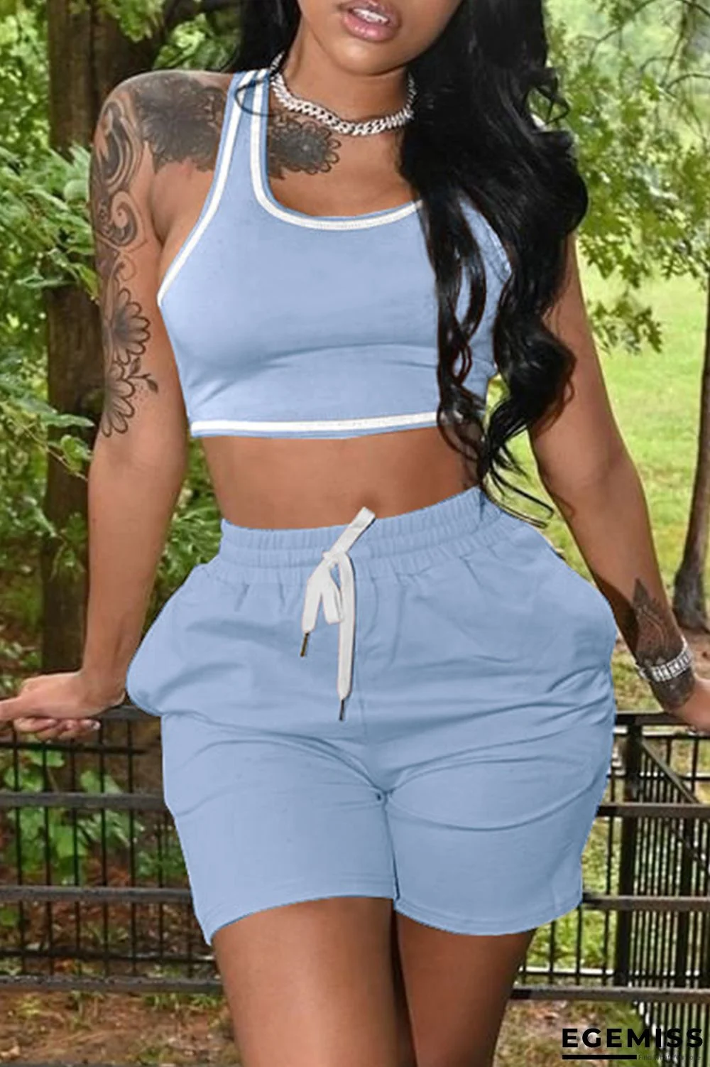 Light Blue Casual Sportswear Solid Vests U Neck Sleeveless Two Pieces | EGEMISS
