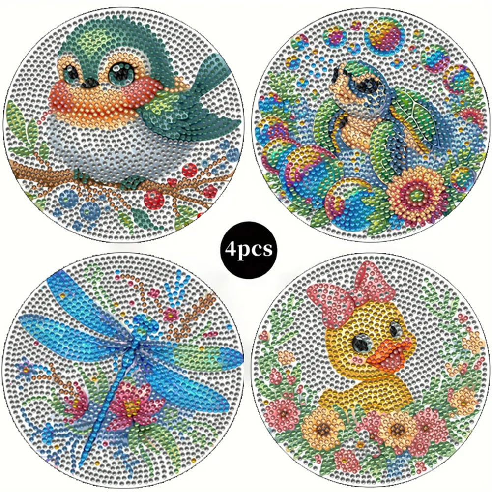 4pcs DIY Animals Wooden Diamond Painting Placemats with Holder