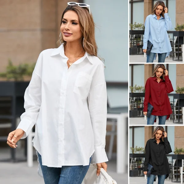 S-5XL Women Solid Color Lapel Button Long Sleeve Blouse Casual Elegant Loose Streetwear Tops Shirt Plus Size Manteau