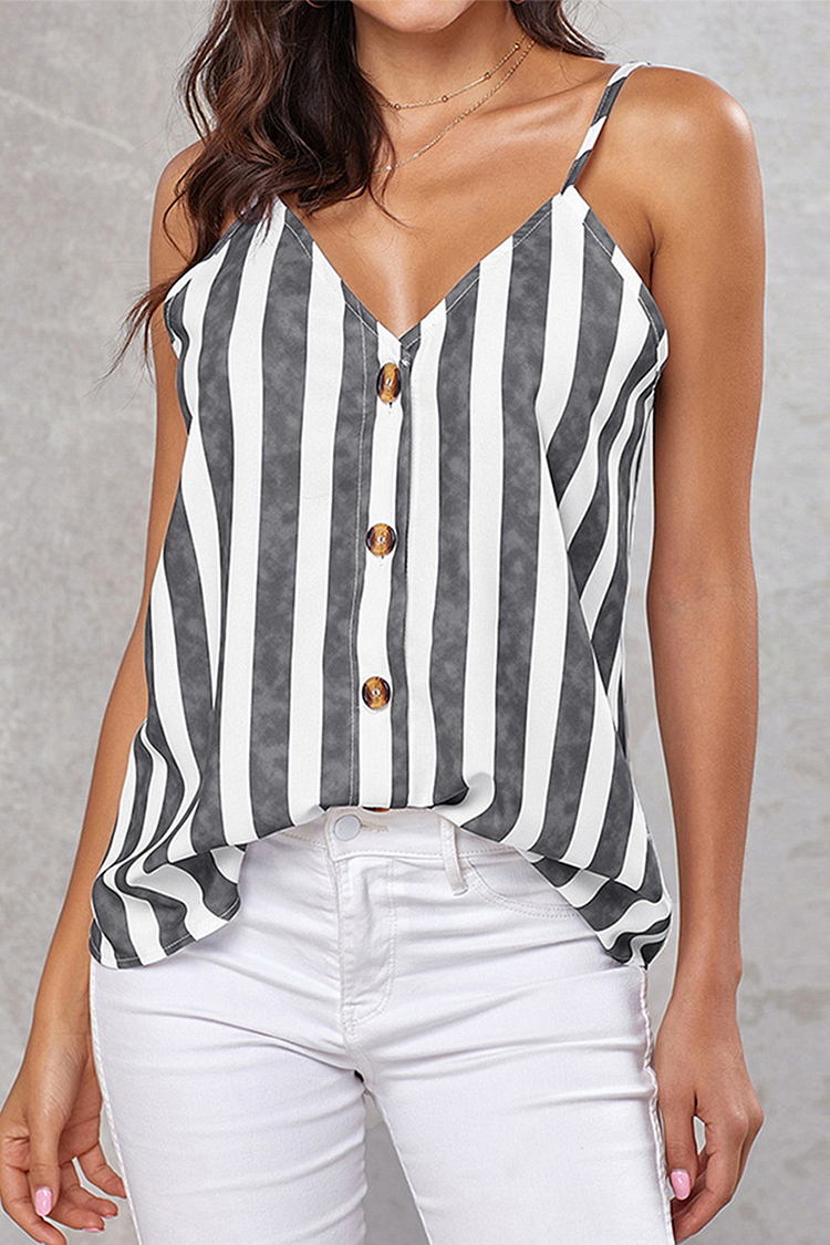 Casual Striped Buckle V Neck Tops - Life is Beautiful for You - SheChoic