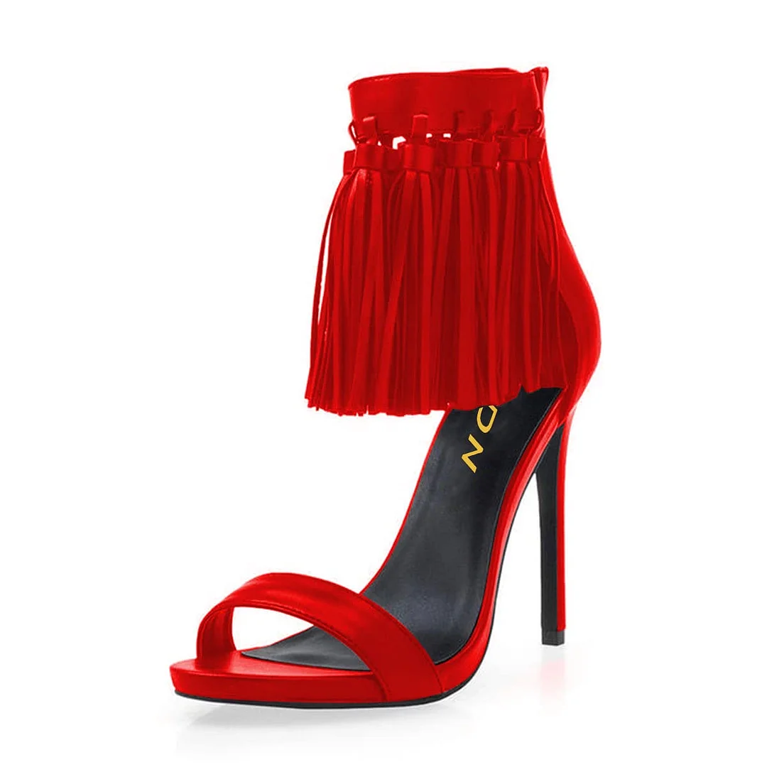 Vegan Leather Tassel Open Toe Zipper Stiletto Heeled Sandals in Red