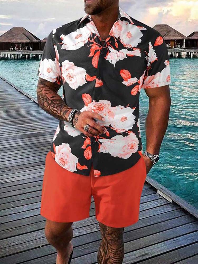 Comstylish Hawaiian Vacation Floral Print Shirt Short Sleeved Two Piece Set