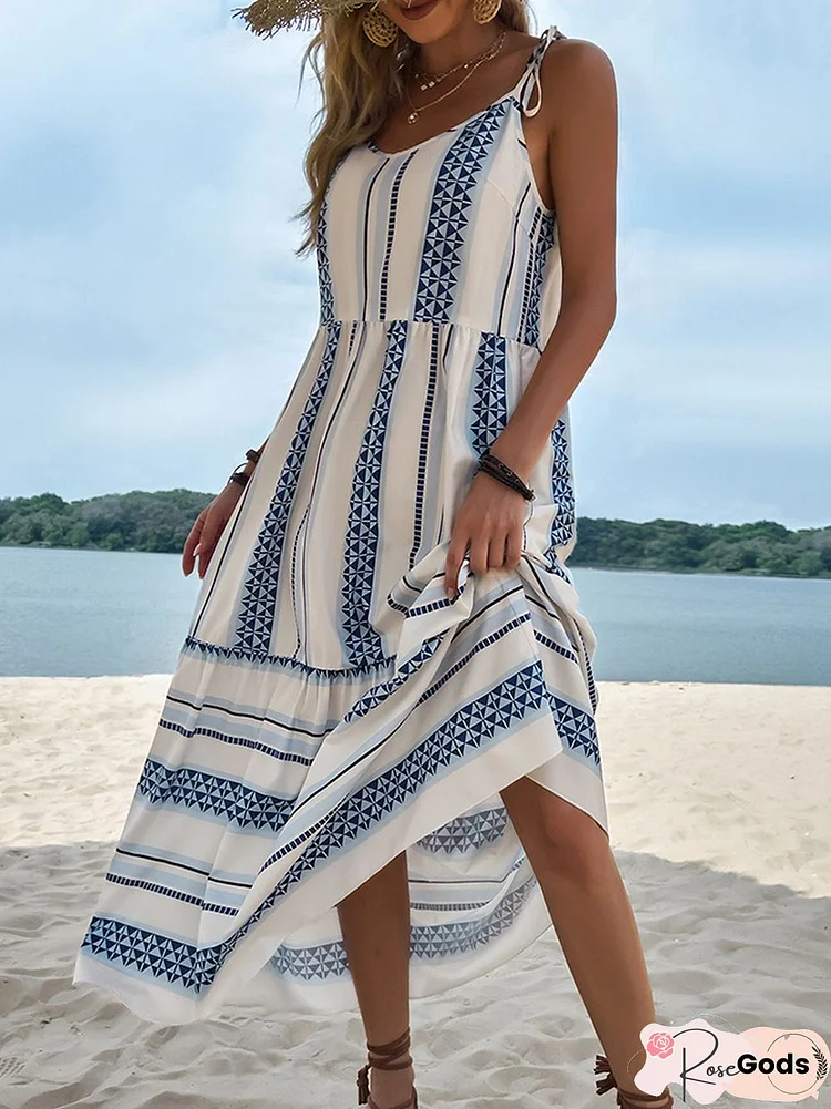 Elegant Pattern Print Party Spaghetti Strap Dress Women Casual Loose Boho Beach Dress Summer Sexy O-Neck Tie-Up Sling Long Dress