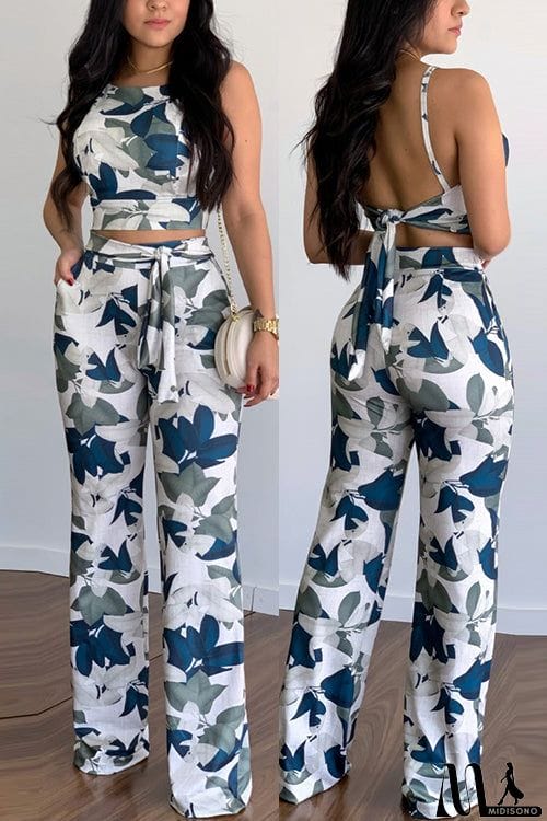 MidiSono - Print Halter Backless Crop Pants Set