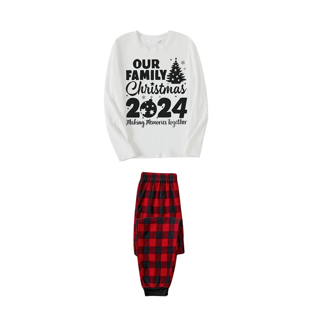 'Our Family Chirstmas 2024 Making Memories Together' Letter Print (Black) White Long Sleeve with Black&Red Plaid Pants Family Matching Pajamas