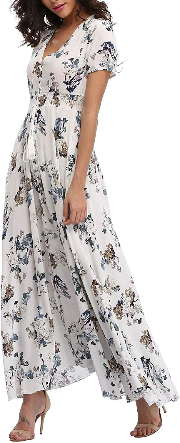 Women's Floral Maxi Dresses Boho Button up Split Beach Party Long Dress