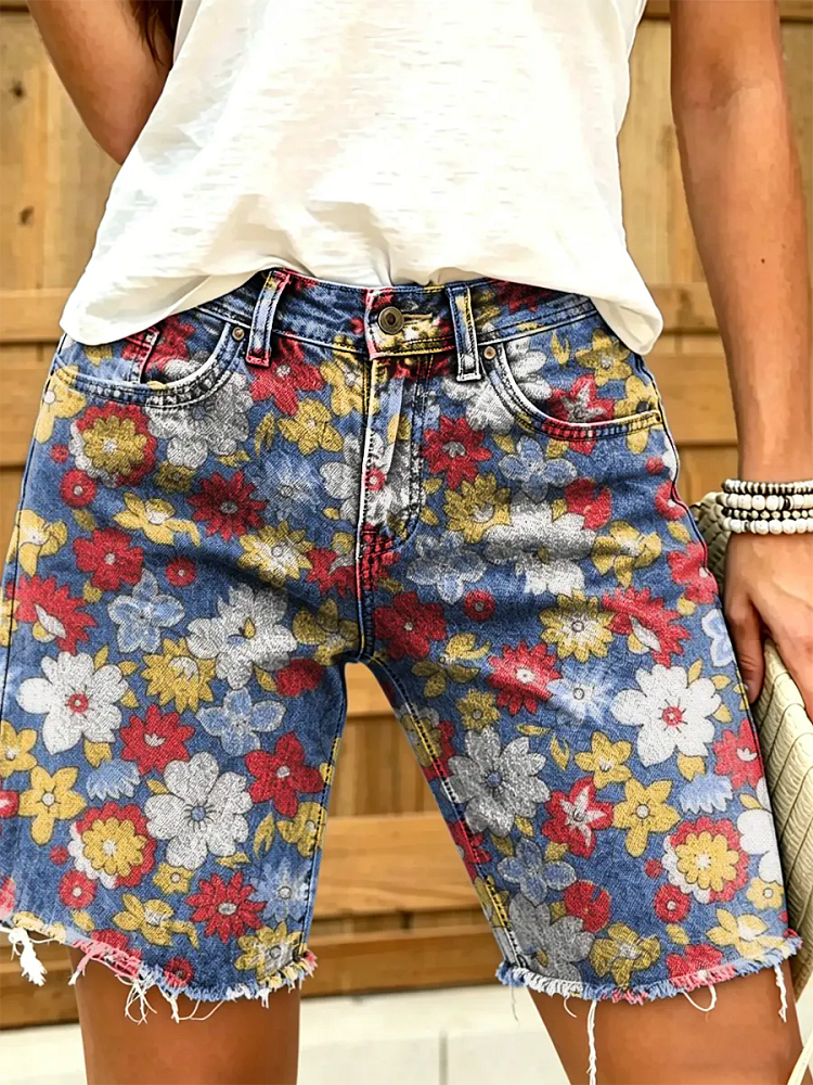 Ethnicity Flowers Bohemia Women's Art Print Casual Denim Shorts