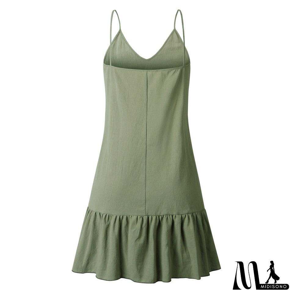 MidiSono - Loose Summer Dress Cotton Sexy White Halter V-neck Ruffled Women Casual Spaghetti Strap Mini beach clothes for women