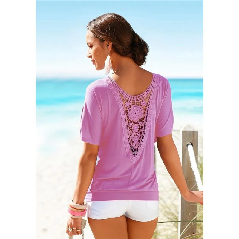 Plus Size Fashion Women Casual 0-Neck Top Tee Vintage Female Clothing Lace T-Shirt