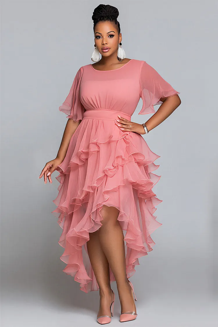 Xpluswear Design Plus Size Party Pink Round Neck Short Sleeve Ruffle Asymmetric Hem Chiffon Midi Dresses [Pre-Order] 2024 - Xpluswear