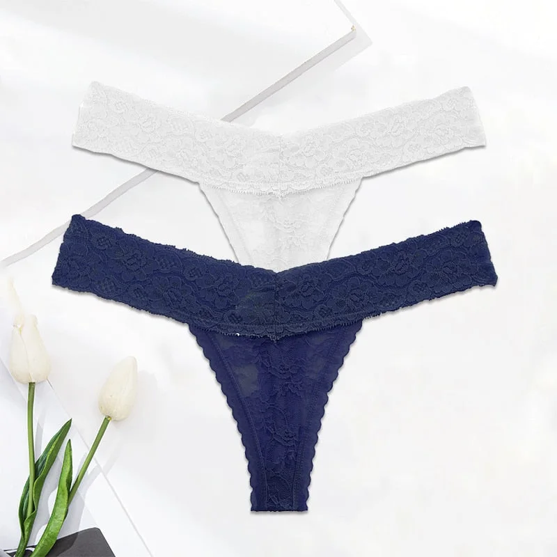 FINETOO 2PCS/Set M-XL Lace G-string Thong Panties for Woman Sexy Floral Underwear Transparent Women's Underpants Female Lingerie