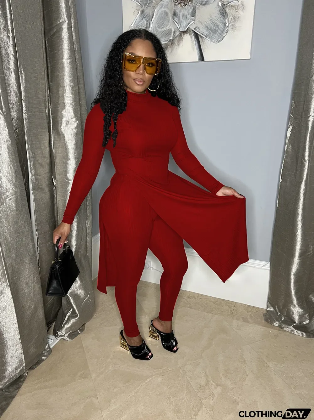 Casual Solid Color Split Tops And Pencil Pant Two Piece Set