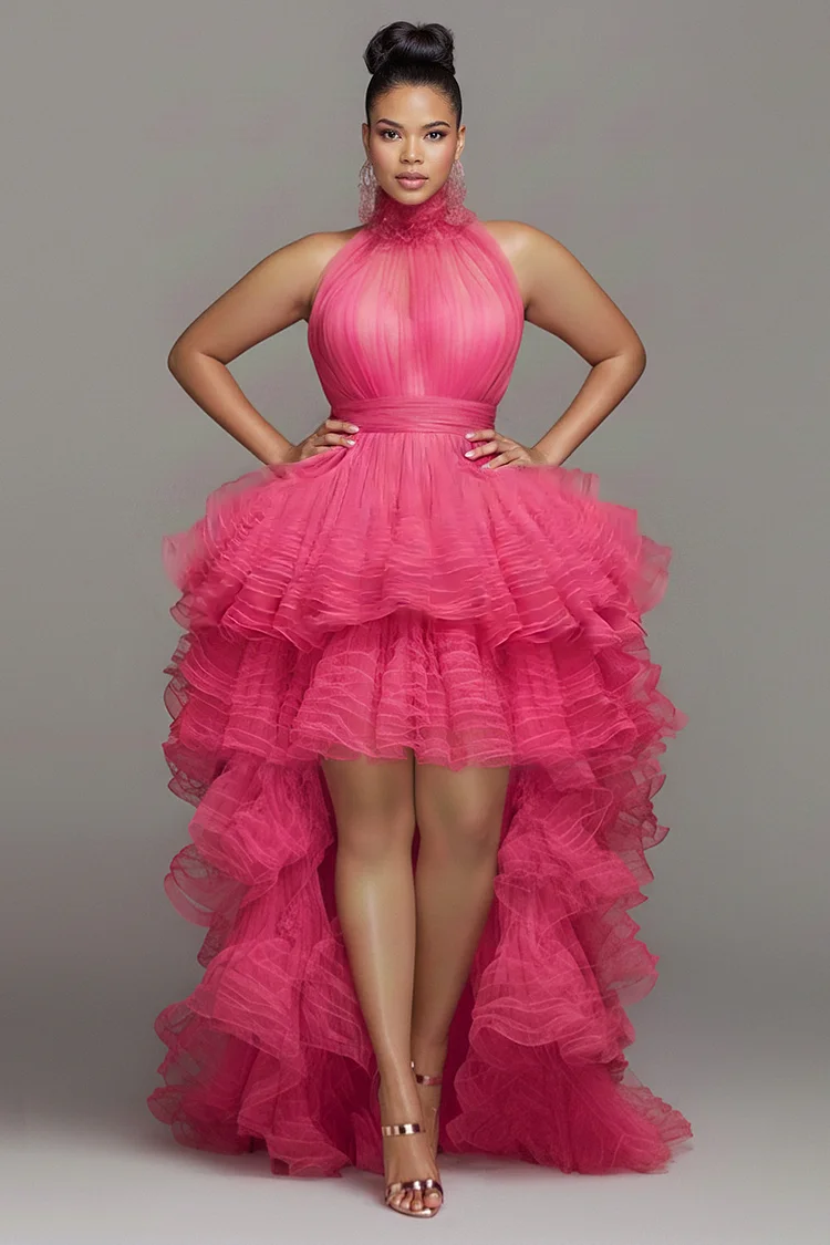 Xpluswear Design Plus Size Party Hot Pink Halter Collar High Low Hem Tiered Tulle Mini Dresses [Pre-Order] 2024 - Xpluswear