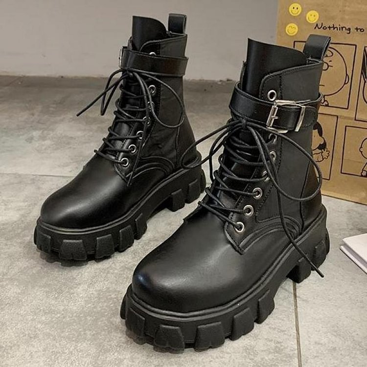 2022 Black Platform Combat Ankle Boots For Women Lace Up Buckle Strap Woman Shoes Winter Biker Boots Big Size - BlackFridayBuys
