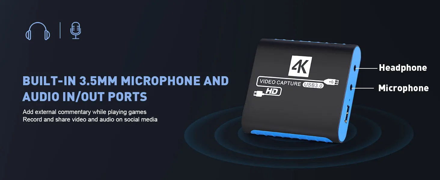 4K capture card: 3.5mm headphone/mic ports, audio in/out for commentary &amp;amp; sharing