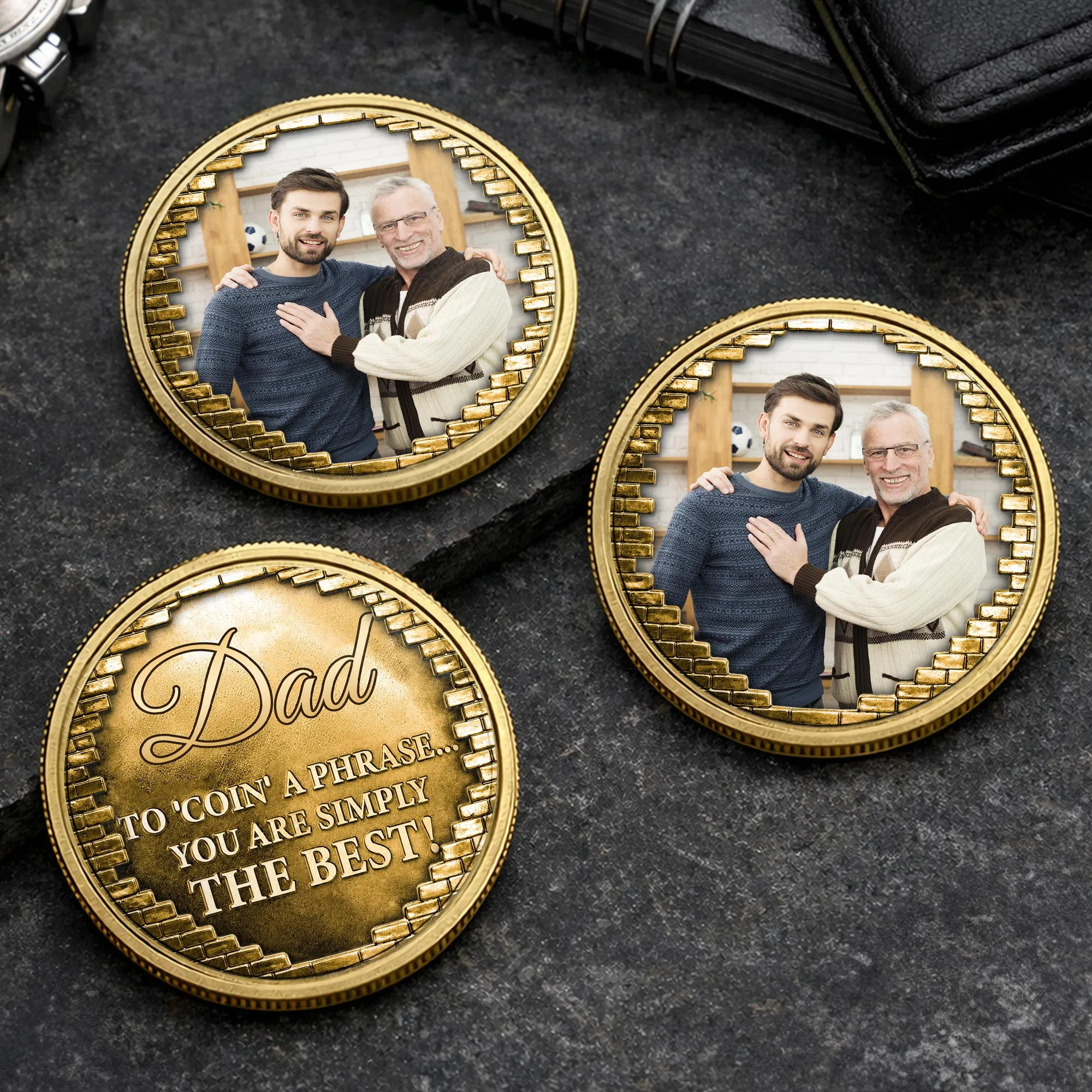 A Father And Son Bond With Custom Photo And Brick Texture - Custom Commemorative Coin - DAD598_KCOIN