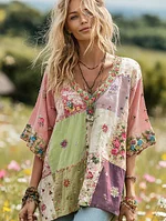 Women's Vintage Floral Print V-neck T-shirt - Image 4