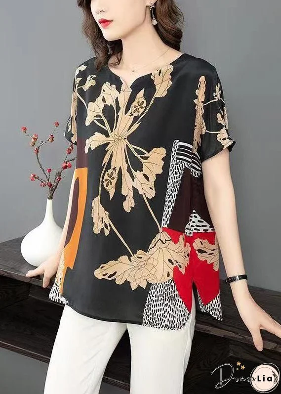 Plus Size Black Print Side Open Patchwork Silk T Shirt Summer
