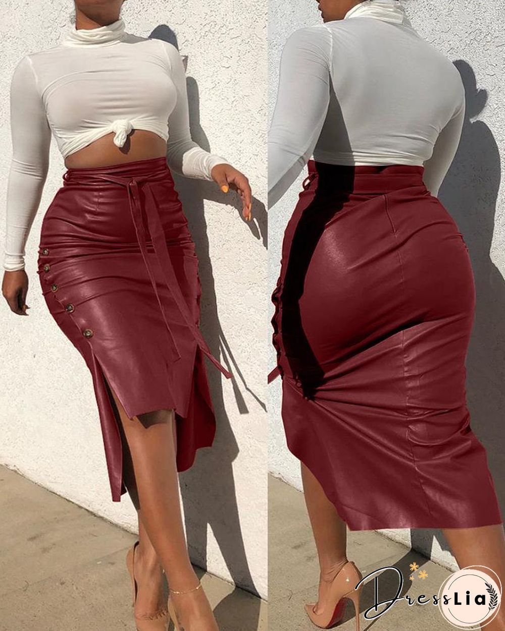 Buttoned Slit PU Leather Midi Skirt P10427