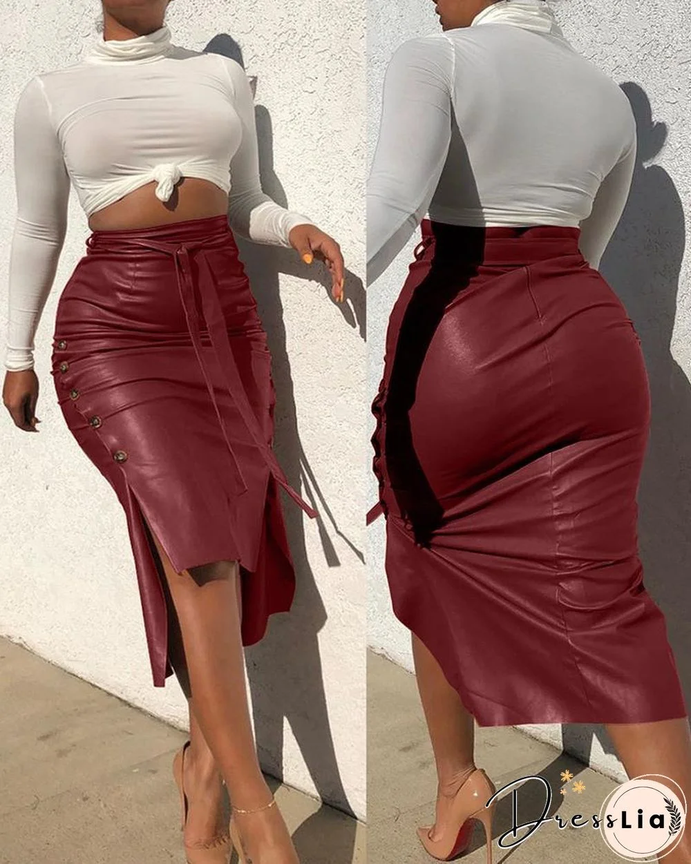 Buttoned Slit PU Leather Midi Skirt P10427