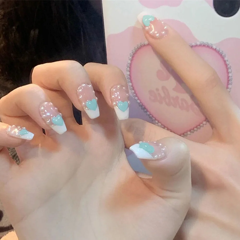 24Pcs/Set Nails Extension System Full Cover Coffin Medium Dripping Diamond Heart Shape Press on False Nail Tips-Nail Inspo