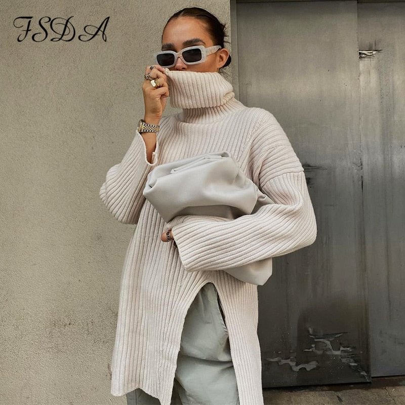 FSDA 2021 Autumn Winter Turtleneck Oversized Pullover Women Casual Loose Knitted Sweater Long Sleeve Jumper Tops Fashion