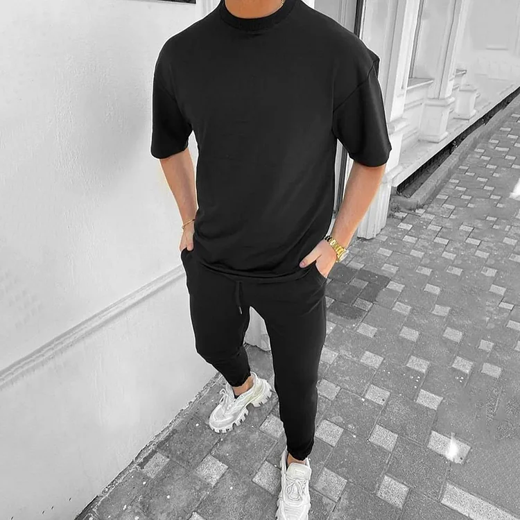 BrosWear Casual Solid Color Short Sleeve  T-Shirt And Pants Co-Ord