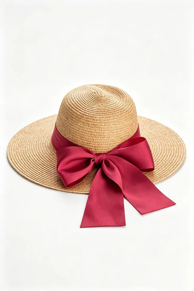 Rose-pink wide-brimmed straw hat with a domed crown, wavy brim, and large bow.
