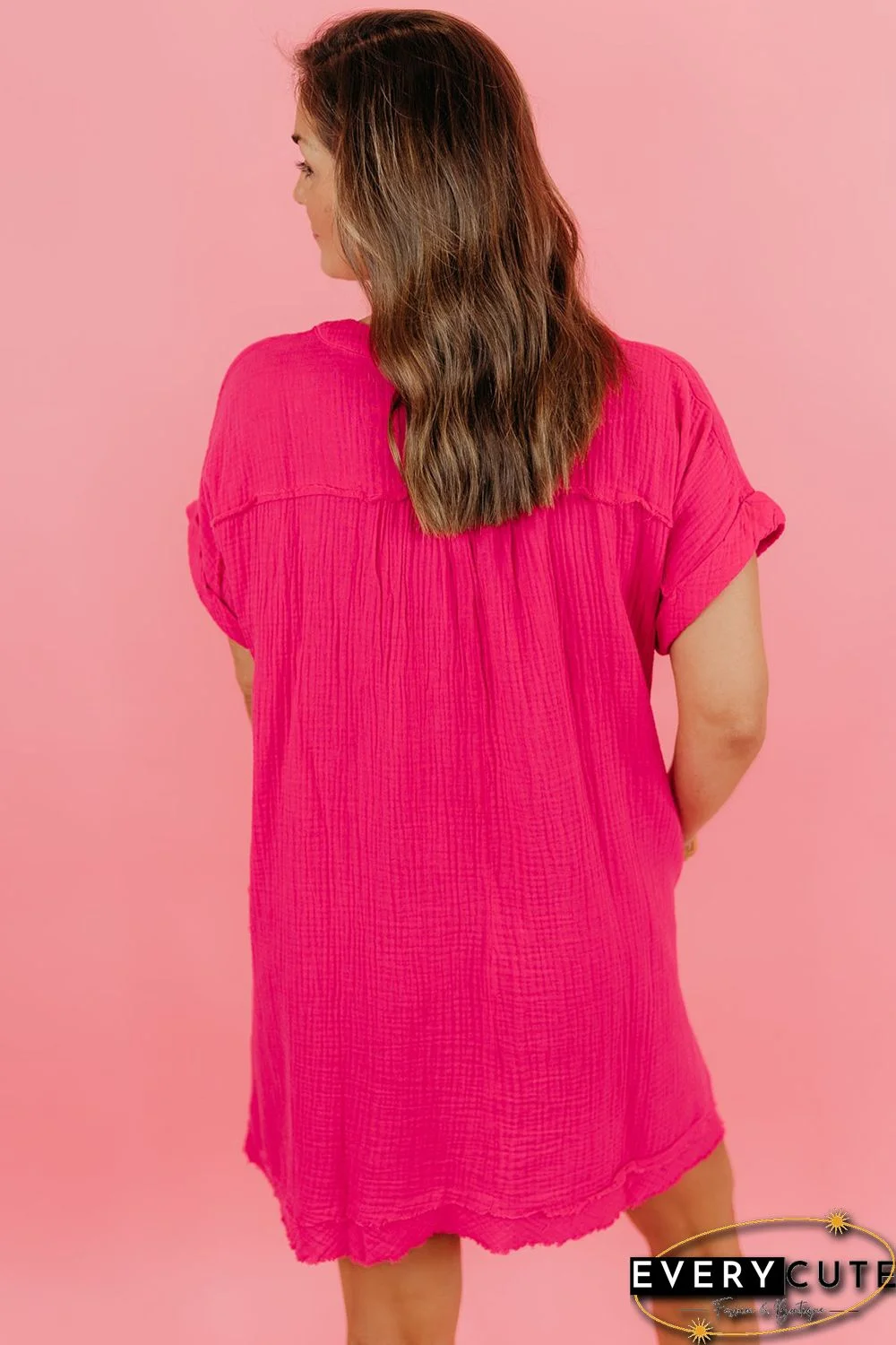 Rose Plus Size Ruched V Neck Pocket Short Sleeves Mini Dress