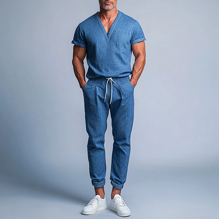 Men's Casual V Neck Short Sleeve T-Shirt & Drawstring Pants