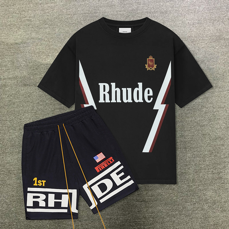 1:1 Higher Version Rhude Black Lightning T-Shirt And Shorts Co-Ord