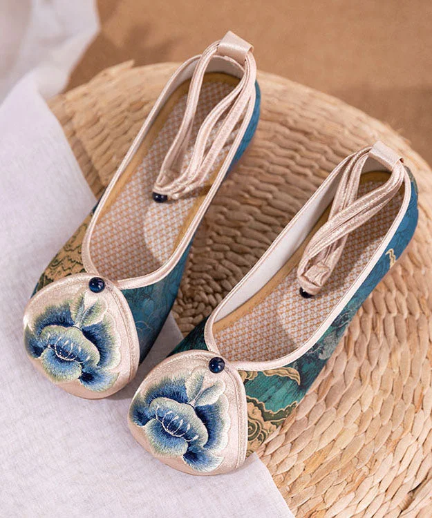 Blue Embroideried Chunky Shoes Cotton Fabric Classy Splicing