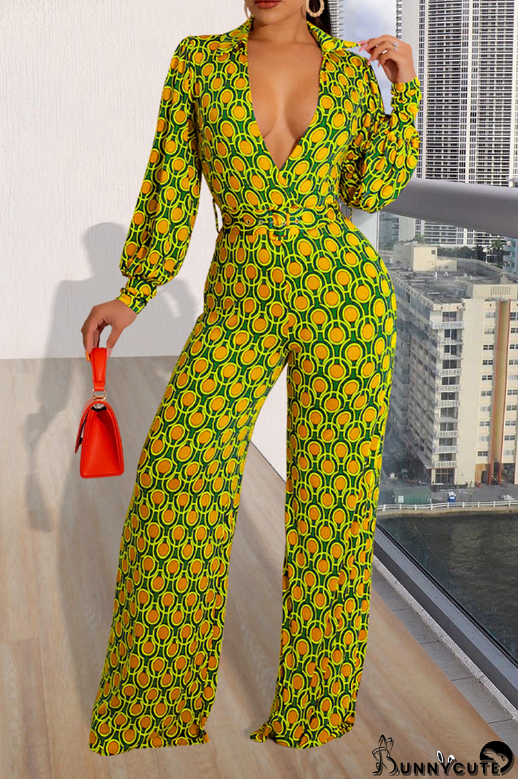 Yellow Fashion Print Patchwork V Neck Boot Cut Jumpsuits