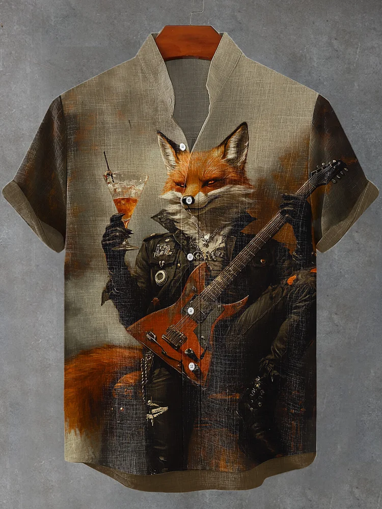 Men's Rock Fox Guitarist Cocktail Print Short Sleeve Shirt