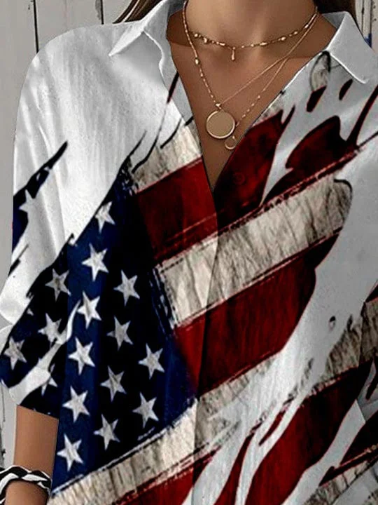 Women 3/4 Sleeve Shirt Collar National Flag Printed Graphic Button Tops