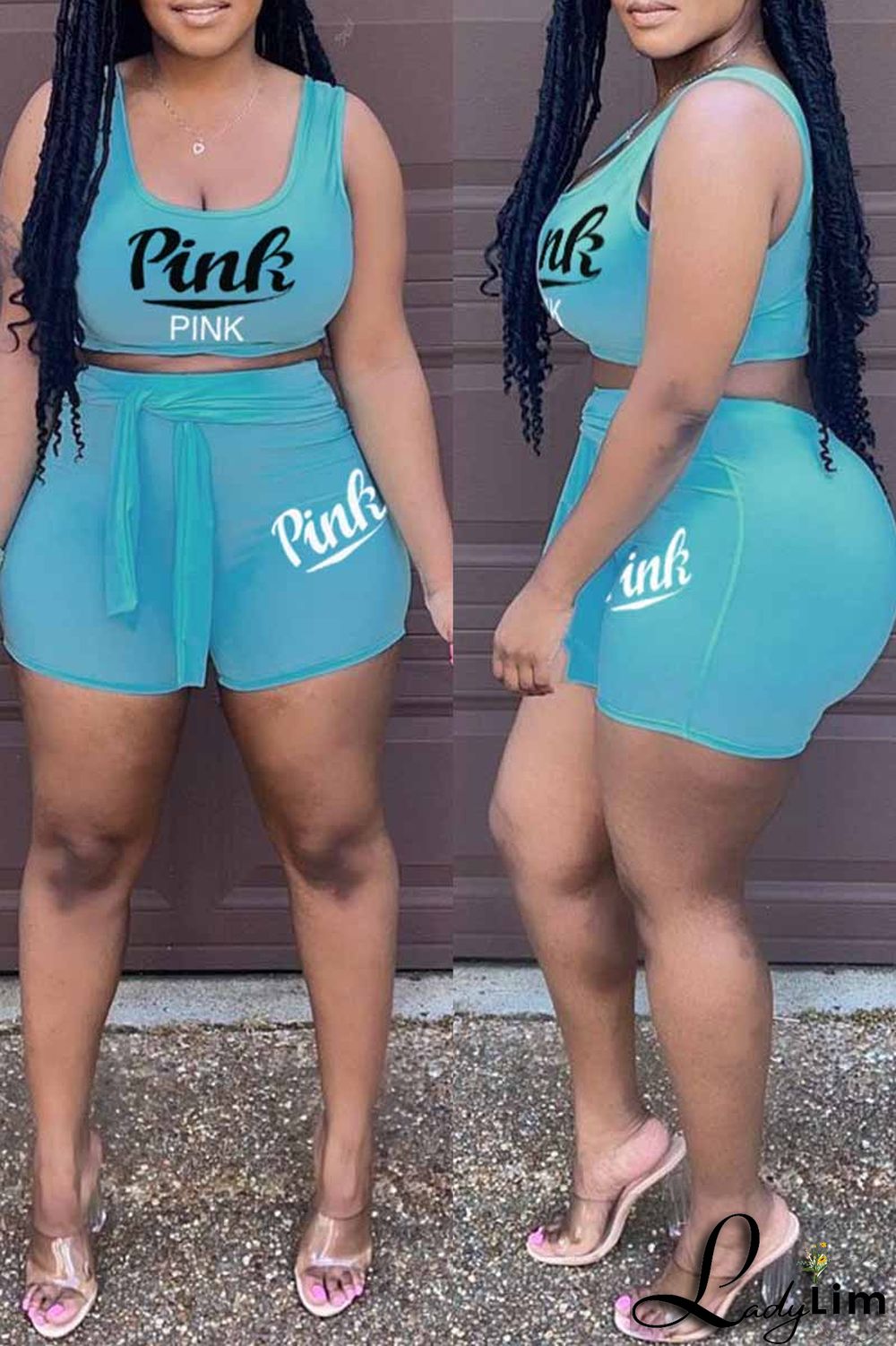 Light Purple Fashion Casual Letter Print Bandage U Neck Sleeveless Two Pieces