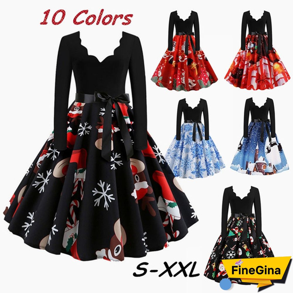 Womens Fashion Casual Dress Lace V Neck Christmas Deer Musical Notes Cat Print Santa Cluas Snowflake Dress Christmas Dress Print Vintage Flare Dress Bowknot High Waist Swing Dress
