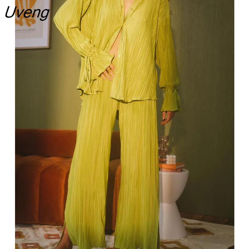 Uveng Casual Outfits Sexy V Neck Buttons Long Sleeve Blouse and Elastic Waist Split Pants Suits 2023 Loose 2 Piece Women Sets